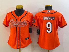 Wholesale Cheap Women\'s Cincinnati Bengals #9 Joe Burrow Orange With Patch Cool Base Stitched Baseball Jersey