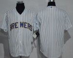 Wholesale Cheap Brewers Blank White(Blue Strip) New Cool Base Stitched MLB Jersey