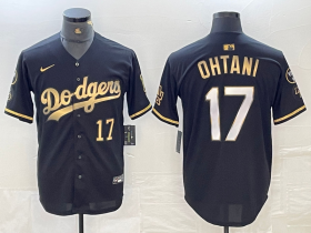 Cheap Men\'s Los Angeles Dodgers #17 Shohei Ohtani Number Black Gold Stitched Cool Base Nike Jersey