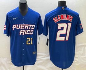 Cheap Mens Puerto Rico Baseball #21 Roberto Clemente Number 2023 Blue World Classic Stitched Jersey