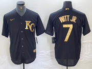 Cheap Men's Kansas City Royals #7 Bobby Witt Jr Black Gold Cool Base Stitched Jersey