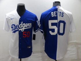 Wholesale Cheap Mens Los Angeles Dodgers #50 Mookie Betts White Blue Split Cool Base Stitched Baseball Jersey