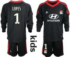 Wholesale Cheap Lyon #1 Lopes Black Goalkeeper Long Sleeves Kid Soccer Club Jersey