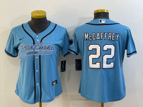 Wholesale Cheap Women\'s Carolina Panthers #22 Christian McCaffrey Blue With Patch Cool Base Stitched Baseball Jersey