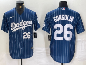 Cheap Men\'s Los Angeles Dodgers #26 Tony Gonsolin Navy Blue Pinstripe Stitched MLB Cool Base Nike Jerseys