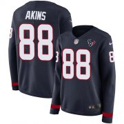Wholesale Cheap Nike Texans #88 Jordan Akins Navy Blue Team Color Women's Stitched NFL Limited Therma Long Sleeve Jersey