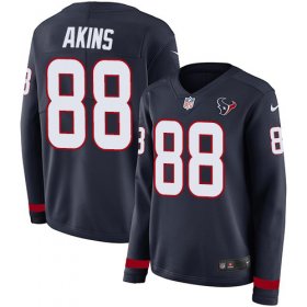 Wholesale Cheap Nike Texans #88 Jordan Akins Navy Blue Team Color Women\'s Stitched NFL Limited Therma Long Sleeve Jersey