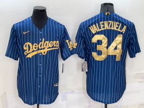 Wholesale Men\'s Los Angeles Dodgers #34 Fernando Valenzuela Navy Blue Gold Pinstripe Stitched MLB Cool Base Nike Jersey