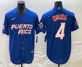 Cheap Men\'s Puerto Rico Baseball #4 Yadier Molina 2023 Blue World Baseball Classic Stitched Jerseys