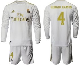 Wholesale Cheap Real Madrid #4 Sergio Ramos White Home Long Sleeves Soccer Club Jersey