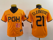Wholesale Cheap Youth Pittsburgh Pirates #21 Roberto Clemente Number Yellow 2023 City Connect Stitched Jersey