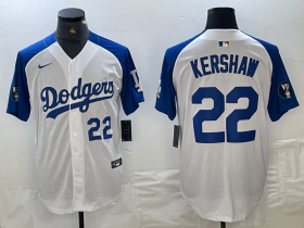 Cheap Men\'s Los Angeles Dodgers #22 Clayton Kershaw Number White Blue Fashion Stitched Cool Base Limited Jerseys