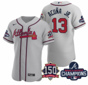 Wholesale Cheap Men's Grey Atlanta Braves #13 Ronald Acuna Jr. 2021 World Series Champions With 150th Anniversary Flex Base Stitched Jersey
