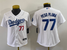 Wholesale Cheap Women\'s Los Angeles Dodgers #77 Peso Pluma Number White Stitched Cool Base Nike Jersey