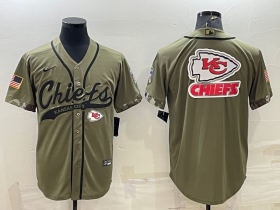Wholesale Cheap Men\'s Kansas City Chiefs Olive Salute to Service Team Big Logo Cool Base Stitched Baseball Jersey