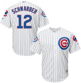 Wholesale Cheap Cubs #12 Kyle Schwarber White Strip New Cool Base with 100 Years at Wrigley Field Commemorative Patch Stitched MLB Jersey