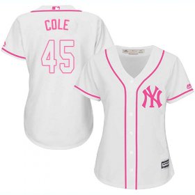 Wholesale Cheap Yankees #45 Gerrit Cole White/Pink Fashion Women\'s Stitched MLB Jersey