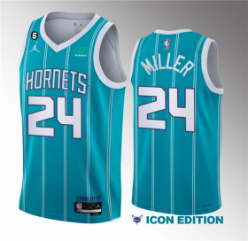 Wholesale Cheap Men\'s Charlotte Hornets #24 Brandon Miller Blue 6 Patch Sponsor 2023 Icon Edition Stitched Jersey