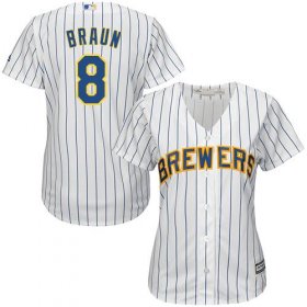 Wholesale Cheap Brewers #8 Ryan Braun White With Blue Strip Lady Fashion Stitched MLB Jersey