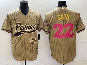 Wholesale Cheap Men\'s San Diego Padres #22 Juan Soto Number Tan Pinstripe 2023 City Connect Cool Base Stitched Jersey