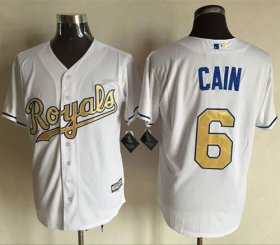 Wholesale Cheap Royals #6 Lorenzo Cain White New Cool Base 2015 World Series Champions Gold Program Stitched MLB Jersey