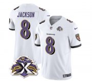 Wholesale Cheap Men's Baltimore Ravens #8 Lamar Jackson White 2023 F.U.S.E With Patch Throwback Vapor Limited Stitched Jersey