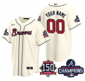Wholesale Cheap Men\'s Cream Atlanta Braves Active Player Custom 2021 World Series Chimpions With 150th Anniversary Cool Base Stitched Jersey