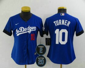 Wholesale Cheap Women\'s Los Angeles Dodgers #10 Justin Turner Blue #2 #20 Patch City Connect Number Cool Base Stitched Jersey