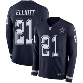 Wholesale Cheap Nike Cowboys #21 Ezekiel Elliott Navy Blue Team Color Youth Stitched NFL Limited Therma Long Sleeve Jersey