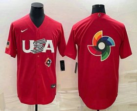 Cheap Men\'s USA Baseball 2023 Red World Big Logo With Patch Classic Stitched Jerseys