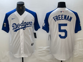 Cheap Men\'s Los Angeles Dodgers #5 Freddie Freeman White Blue Fashion Stitched Cool Base Limited Jerseys