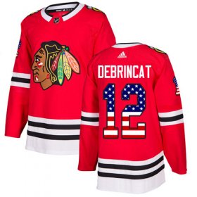 Wholesale Cheap Adidas Blackhawks #12 Alex DeBrincat Red Home Authentic USA Flag Stitched NHL Jersey