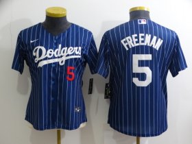 Wholesale Cheap Women\'s Los Angeles Dodgers #5 Freddie Freeman Navy Blue Pinstripe Stitched MLB Cool Base Nike Jersey
