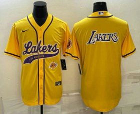 Cheap Mens Los Angeles Lakers Yellow Big Logo With Patch Cool Base Stitched Baseball Jersey