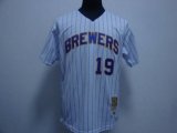 Wholesale Cheap Mitchell and Ness Brewers #19 Robin Yount Stitched White Blue Strip Throwback MLB Jersey