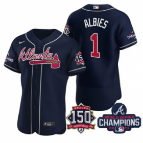 Wholesale Cheap Men\'s Navy Atlanta Braves #1 Ozzie Albies 2021 World Series Champions With 150th Anniversary Flex Base Stitched Jersey