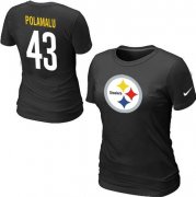 Wholesale Cheap Women's Nike Pittsburgh Steelers #43 Troy Polamalu Name & Number T-Shirt Black