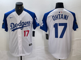 Cheap Men\'s Los Angeles Dodgers #17 Shohei Ohtani Number White Blue Fashion Stitched Cool Base Limited Jerseys