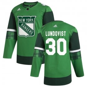 Wholesale Cheap New York Rangers #30 Henrik Lundqvist Men\'s Adidas 2020 St. Patrick\'s Day Stitched NHL Jersey Green.jpg.jpg