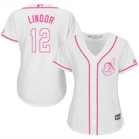 Wholesale Cheap Indians #12 Francisco Lindor White/Pink Fashion Women\'s Stitched MLB Jersey