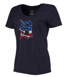 Wholesale Cheap Women\'s Detroit Tigers USA Flag Fashion T-Shirt Navy Blue