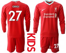 Wholesale Cheap 2021 Liverpool home long sleeves Youth 27 soccer jerseys