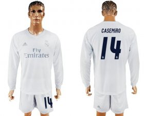 Wholesale Cheap Real Madrid #14 Casemiro Marine Environmental Protection Home Long Sleeves Soccer Club Jersey