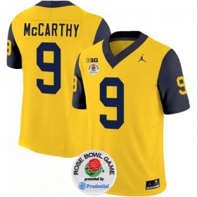 Cheap Men\'s Michigan Wolverines #9 J.J. McCarthy 2023 F.U.S.E. Yellow Navy Rose Bowl Patch Stitched Jersey