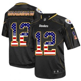 Wholesale Cheap Nike Steelers #12 Terry Bradshaw Black Men\'s Stitched NFL Elite USA Flag Fashion Jersey