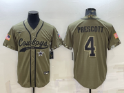 Wholesale Cheap Men's Dallas Cowboys #4 Dak Prescott 2022 Olive Salute to Service Cool Base Stitched Baseball Jersey