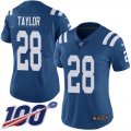 Wholesale Cheap Nike Colts #28 Jonathan Taylor Royal Blue Team Color Women's Stitched NFL 100th Season Vapor Untouchable Limited Jersey