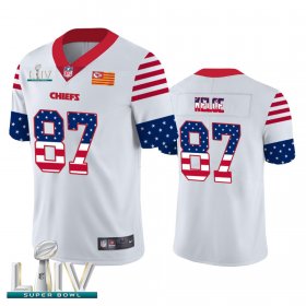 Wholesale Cheap Kansas City Chiefs #87 Travis Kelce White Super Bowl LIV 2020 Men\'s Nike Team Logo USA Flag Vapor Untouchable Limited NFL Jersey