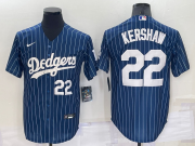 Wholesale Cheap Men's Los Angeles Dodgers #22 Clayton Kershaw Number Navy Blue Pinstripe Stitched MLB Cool Base Nike Jersey