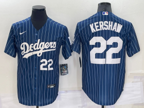 Wholesale Cheap Men\'s Los Angeles Dodgers #22 Clayton Kershaw Number Navy Blue Pinstripe Stitched MLB Cool Base Nike Jersey